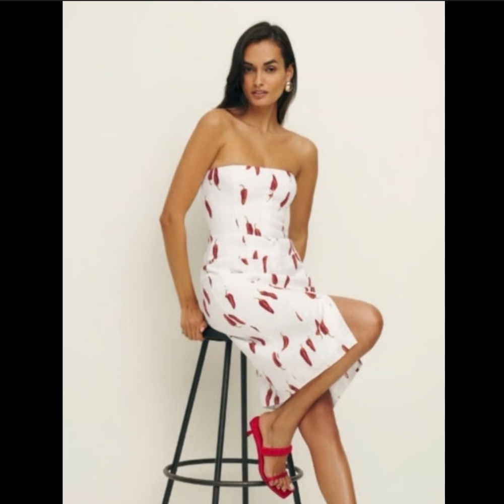 Reformation Prescott Chili Pepper Print Strapless Dress